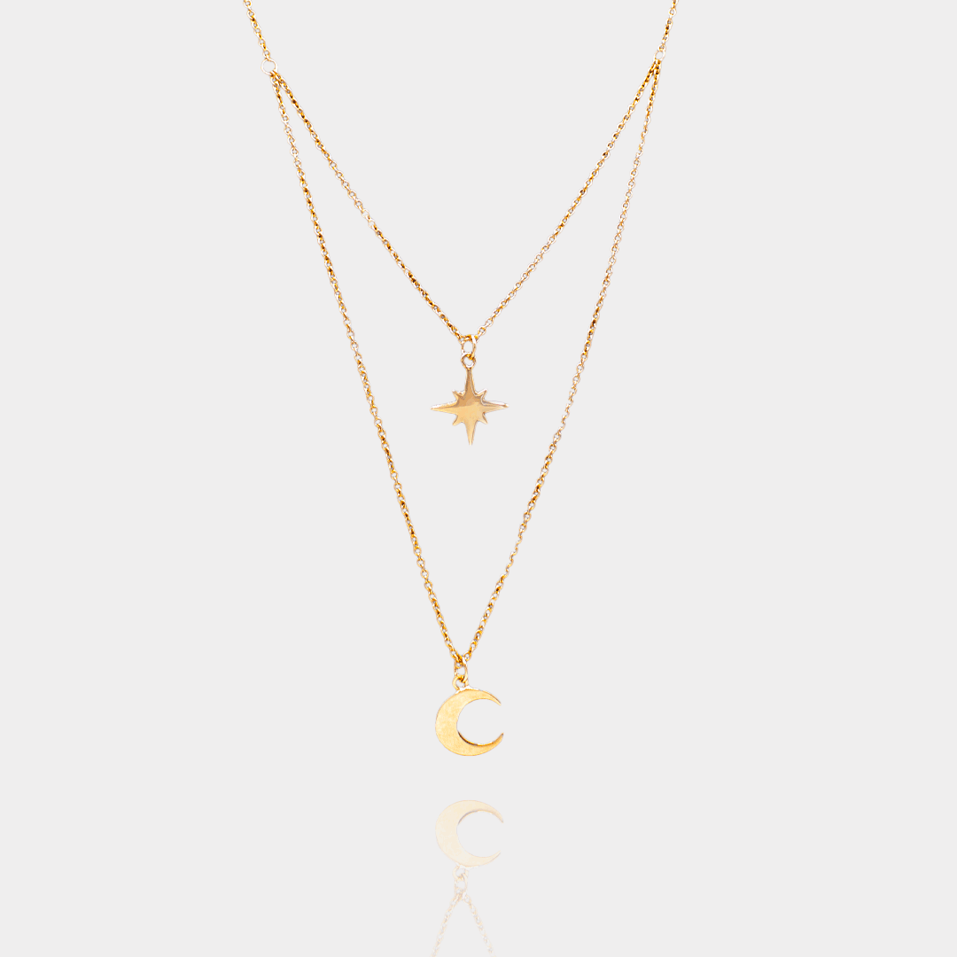 Collier Double Lune & Étoile Plaqué Or | Assara Bijoux