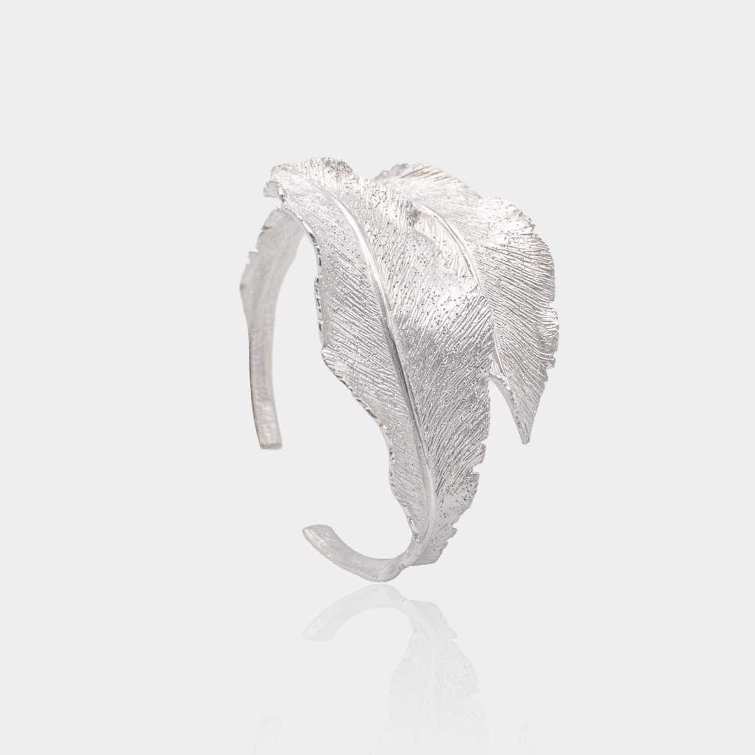 Bracelet rigide feuilles en argent massif 925 platiné | Assara Bijoux